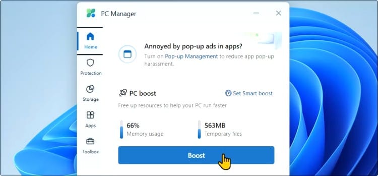 صورة لشاشة Microsoft PC Manager على ويندوز تبين تعدد التبويبات والأدوات المكررة في النظام