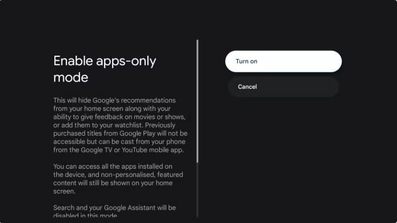 عرض شاشة Google TV في وضع التطبيقات فقط بدون اقتراحات أو محتوى إضافي