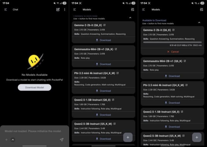 واجهة تطبيق PocketPal AI على هاتف أندرويد تعرض قائمة النماذج المتاحة للتنزيل وتشغيل الذكاء الاصطناعي محليًا.