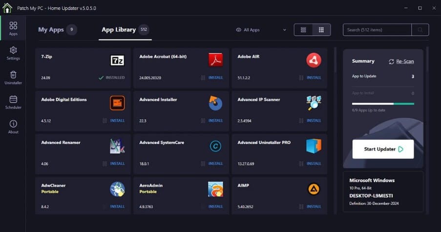 واجهة برنامج Patch My PC Home Updater تعرض قائمة البرامج المحدثة على ويندوز