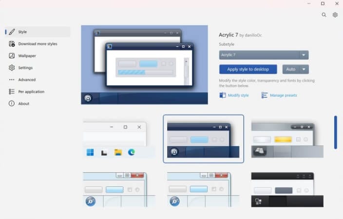 عرض تبويب Style في برنامج WindowBlinds لاختيار وتغيير الثيمات بسهولة
