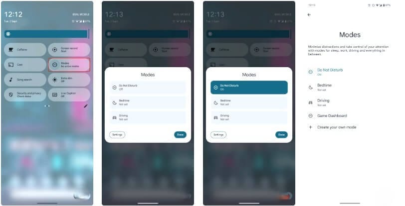 واجهة إعدادات أندرويد السريعة تُظهر خيار Modes لتبديل الأوضاع المختلفة مثل النوم والعمل والقيادة بسهولة.
