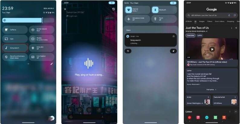 إعداد Quick Settings في أندرويد مع تفعيل أداة البحث عن الأغاني لاكتشاف الموسيقى المشغلة في المحيط.