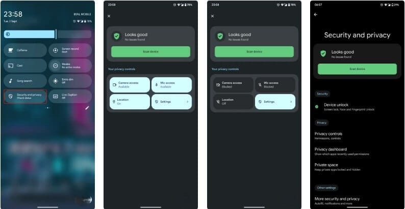 واجهة أندرويد السريعة تعرض لوحة الأمن والخصوصية للتحكم في الكاميرا والميكروفون والموقع بسهولة.