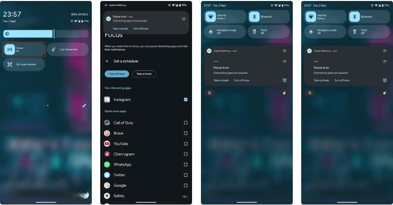 إعداد Focus Mode في لوحة الإعدادات السريعة لأندرويد لإيقاف التطبيقات المشتتة أثناء العمل أو الدراسة.