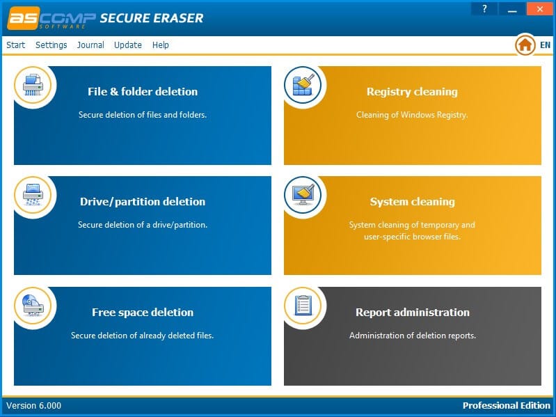 واجهة برنامج Secure Eraser الرئيسية على ويندوز