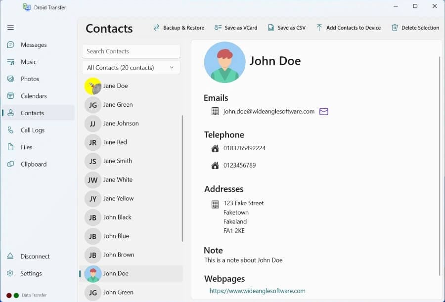 صورة من برنامج Droid Transfer تبين واجهة إدارة ونقل جهات الاتصال من الأندرويد إلى الكمبيوتر