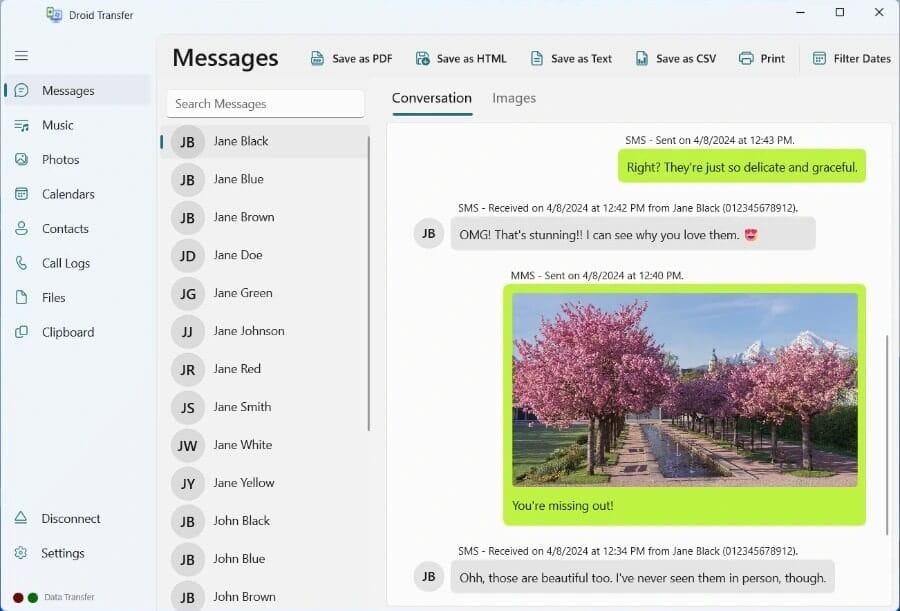 لقطة شاشة من برنامج Droid Transfer توضح واجهة الرسائل SMS وMMS على الكمبيوتر