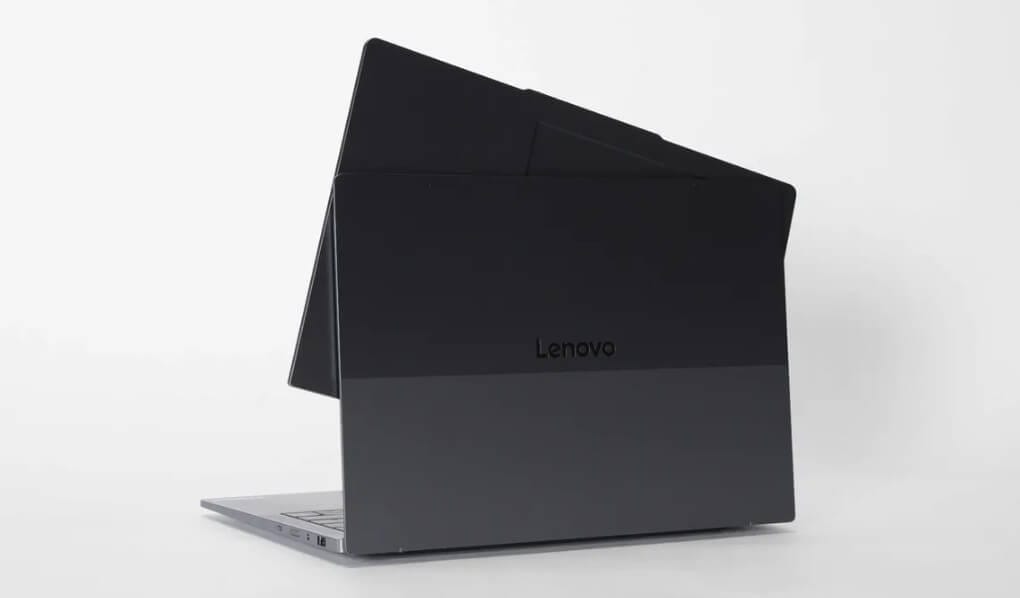 صورة توضيحية للابتوب ThinkBook VertiFlex من الخلف تظهر آلية الدوران