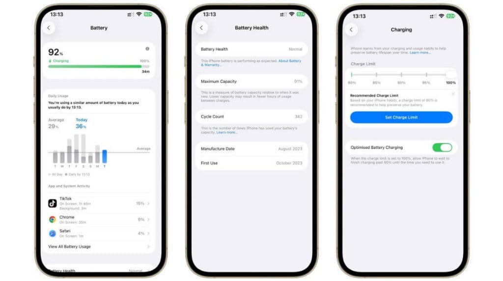 إعدادات صحة البطارية والشحن في iOS 26 مع إظهار السعة القصوى وحالة الخدمة