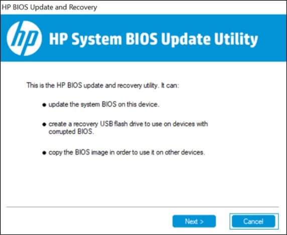 مثال لشاشة تنزيل تحديث BIOS من صفحة دعم موديل لابتوب HP.
