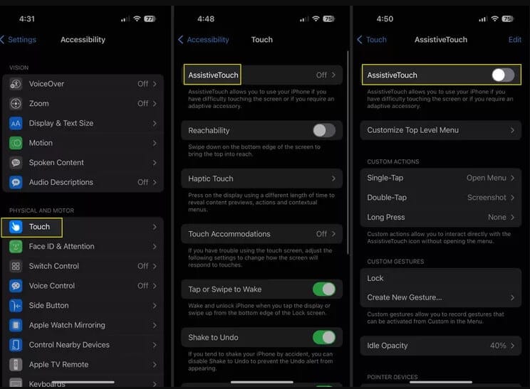 إعدادات iPhone لتفعيل AssistiveTouch وإضافة زر افتراضي للصفحة الرئيسية