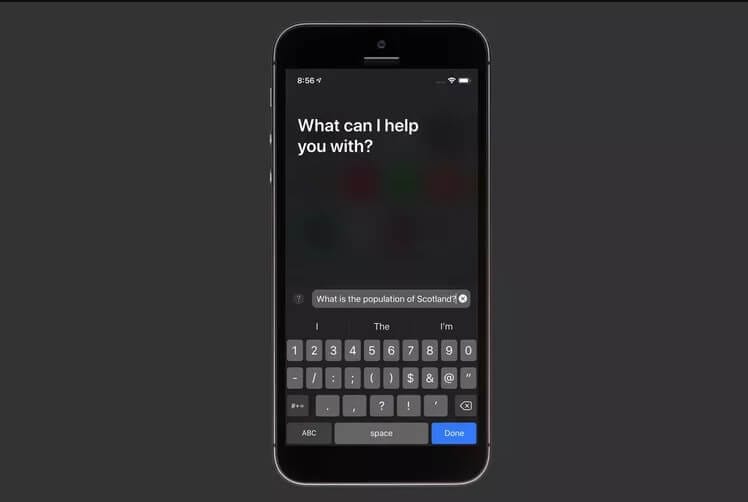 واجهة Siri على iPhone مع خيار الكتابة للأوامر بدلاً من التحدث