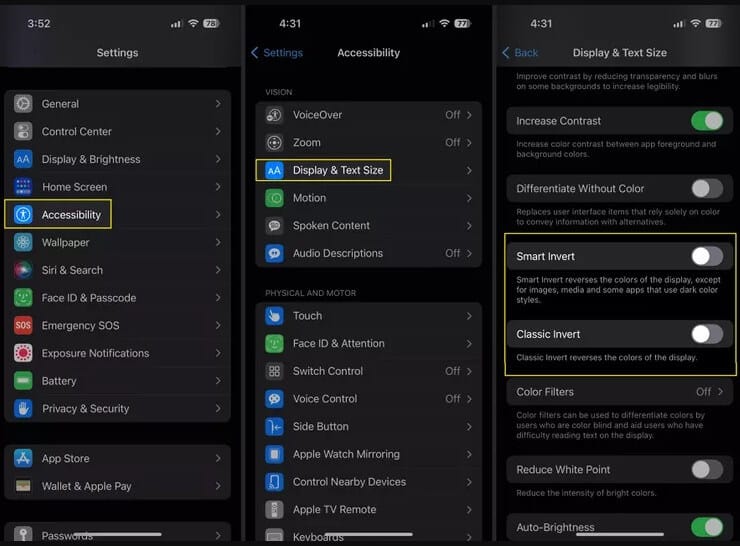 إعدادات iPhone لتفعيل الوضع الداكن أو خيار Smart Invert وClassic Invert