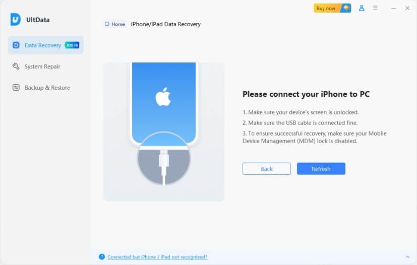صورة Tenorshare UltData عند توصيل الآيفون بالكمبيوتر عبر USB