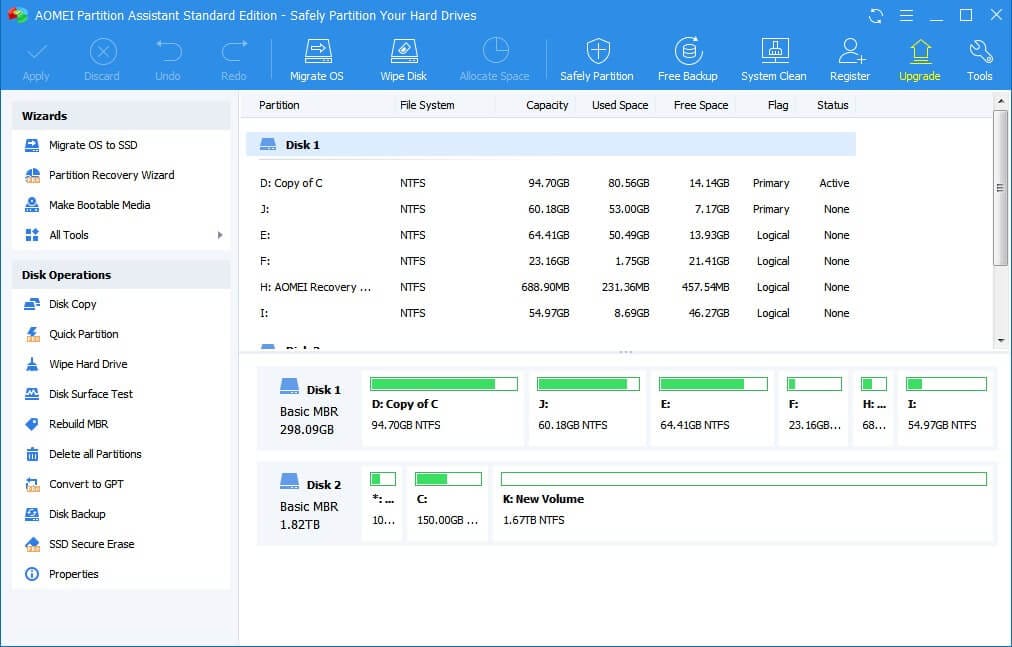 واجهة برنامج AOMEI Partition Assistant الرئيسية لإدارة الأقراص