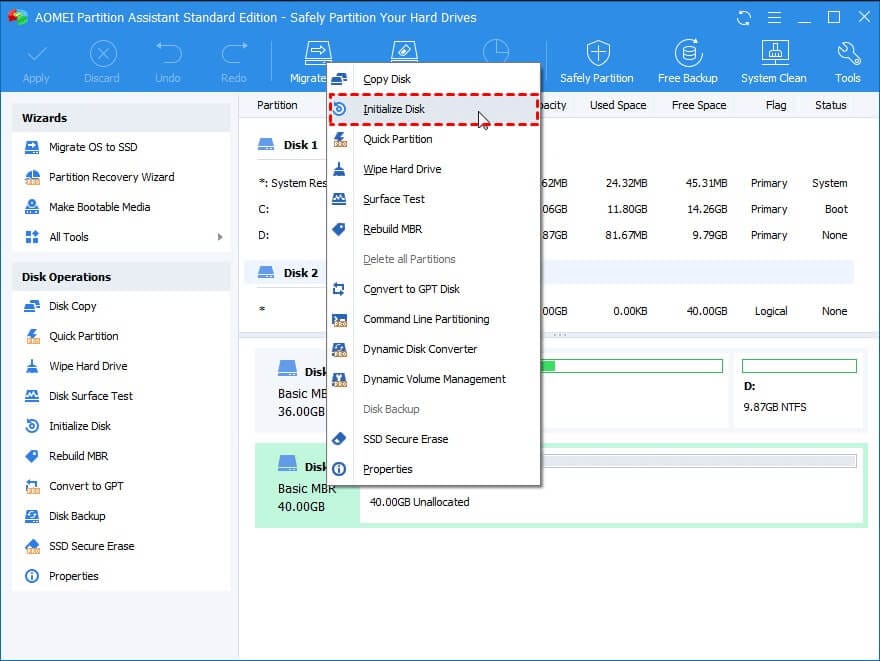 خيار تقسيم ودمج البارتشن في AOMEI Partition Assistant