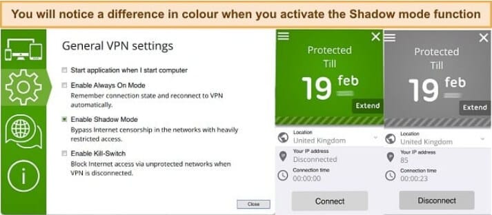 لقطة شاشة من صفحة إعدادات Seed4Me VPN تعرض خيارات التخصيص والأمان.