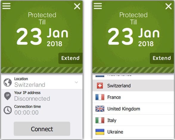 صورة توضح واجهة برنامج Seed4Me VPN الرئيسية مع زر الاتصال وخيارات اختيار الدولة.