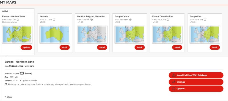 شاشة My Maps داخل MyDrive Connect لعرض الخرائط المتاحة للتحديث
