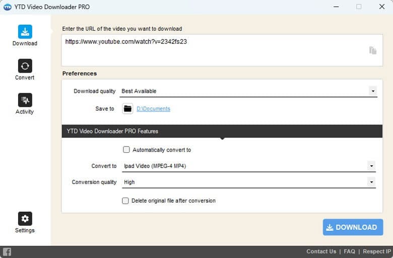 واجهة برنامج YTD Video Downloader على الكمبيوتر مع خيارات تنزيل الفيديوهات بجودة عالية