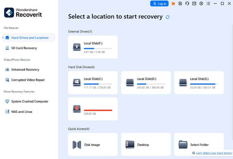 صورة واجهة برنامج Wondershare Recoverit عند بدء التشغيل.