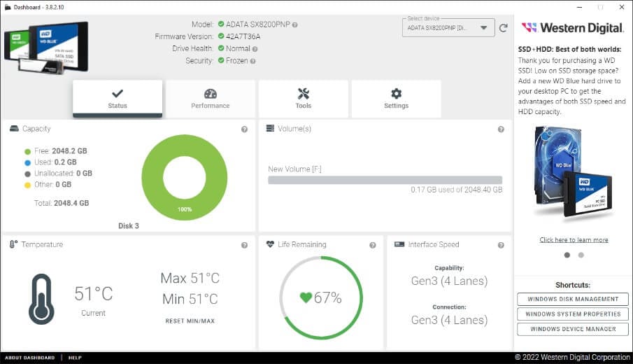 عرض حالة القرص في برنامج WD Dashboard ومراقبة صحة SSD