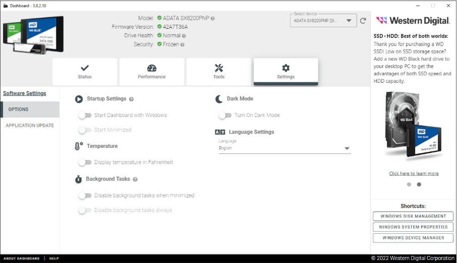 خيارات برنامج WD Dashboard لإدارة وصيانة أقراص SSD
