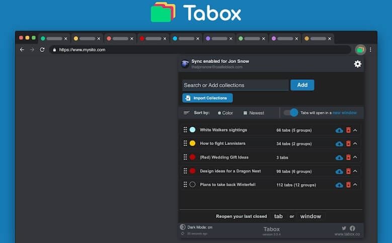 عرض إضافة Tabox لتنظيم التبويبات في مجموعات ومزامنتها عبر الأجهزة المختلفة.