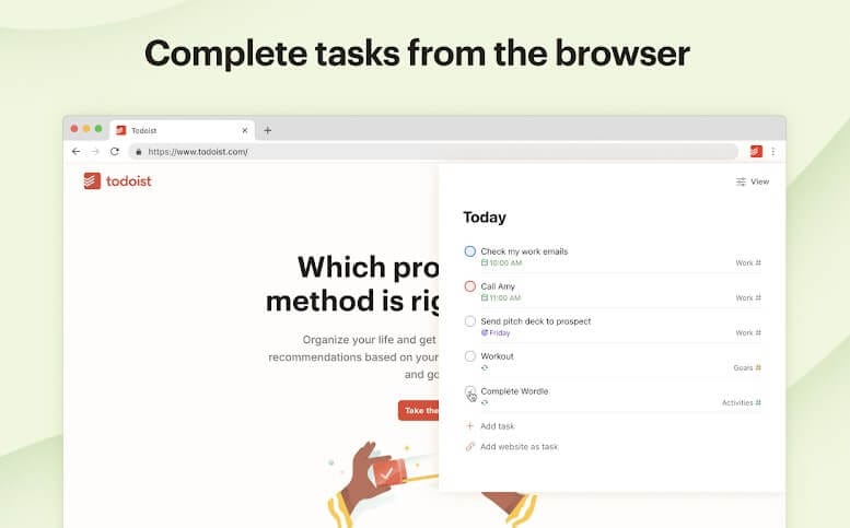 واجهة إضافة Todoist لإدارة المهام اليومية وقوائم العمل داخل متصفح جوجل كروم.