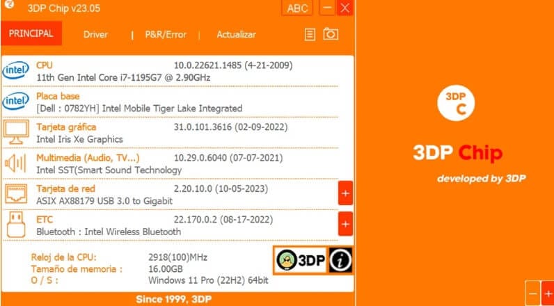 واجهة برنامج 3DP Chip تعرض تفاصيل مكونات الكمبيوتر مثل المعالج وكرت الشاشة والصوت مع خيارات تحديث أحدث التعريفات بسهولة