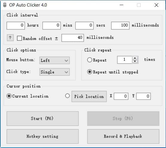 واجهة برنامج Auto Clicker تظهر إعدادات النقر التلقائي وعدد النقرات والفاصل الزمني في نظام ويندوز.
