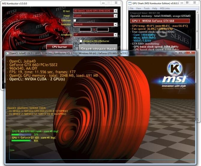 واجهة برنامج MSI Kombustor تعرض اختبارات الأداء ودرجة حرارة كرت الشاشة في الوقت الحقيقي